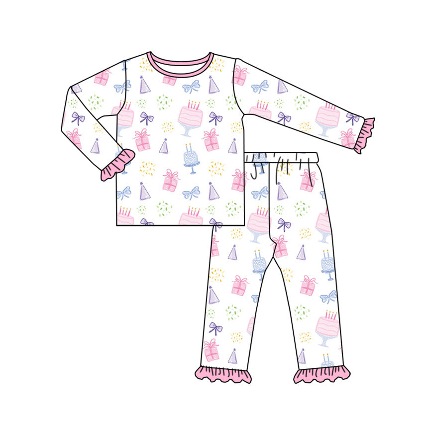 12.7(Custom Design Preorder MOQ 5) Cake Print Girls Happy Birthday Pajamas Clothes Set