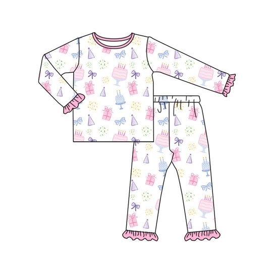 12.7(Custom Design Preorder MOQ 5) Cake Print Girls Happy Birthday Pajamas Clothes Set