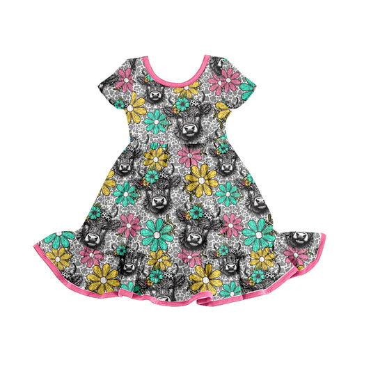 (Custom Design Preorder MOQ 5) Highland Cow Flowers Print Girls Knee Length Summer Dress