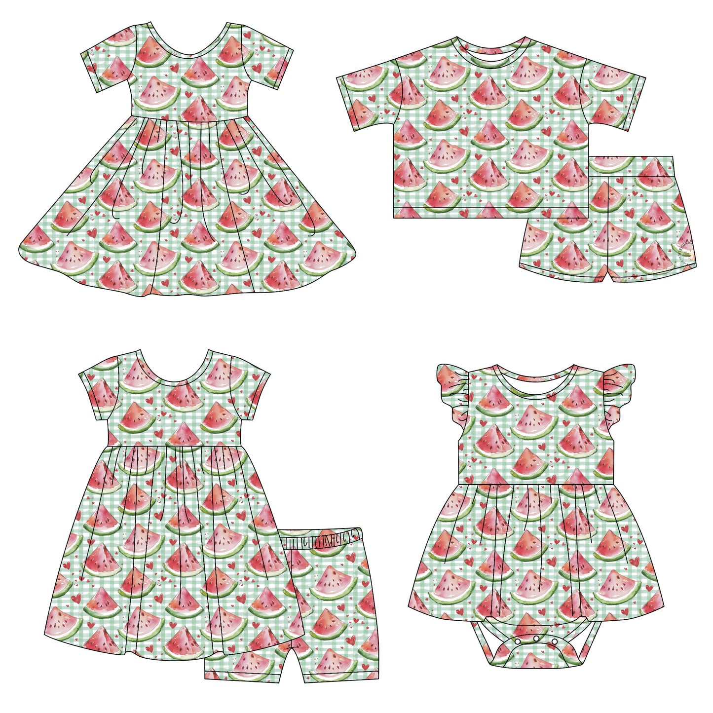 4.14(Custom Design Preorder MOQ 5 Each Design) Watermelon Plaid Print Girls Summer Matching Clothes Sisters Wear