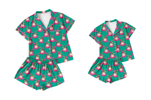 2.7(Custom Design Preorder MOQ 5 Each Design) Flamingo Drinks Green Print Buttons Pajamas Sets Mom and Me Summer Matching Clothes