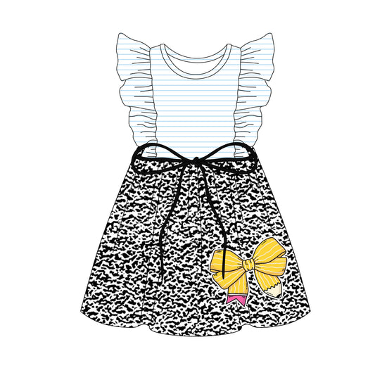 3.5(Custom Design Preorder MOQ 5) Pen Bow Print Girls Back to School Knee Length Dress