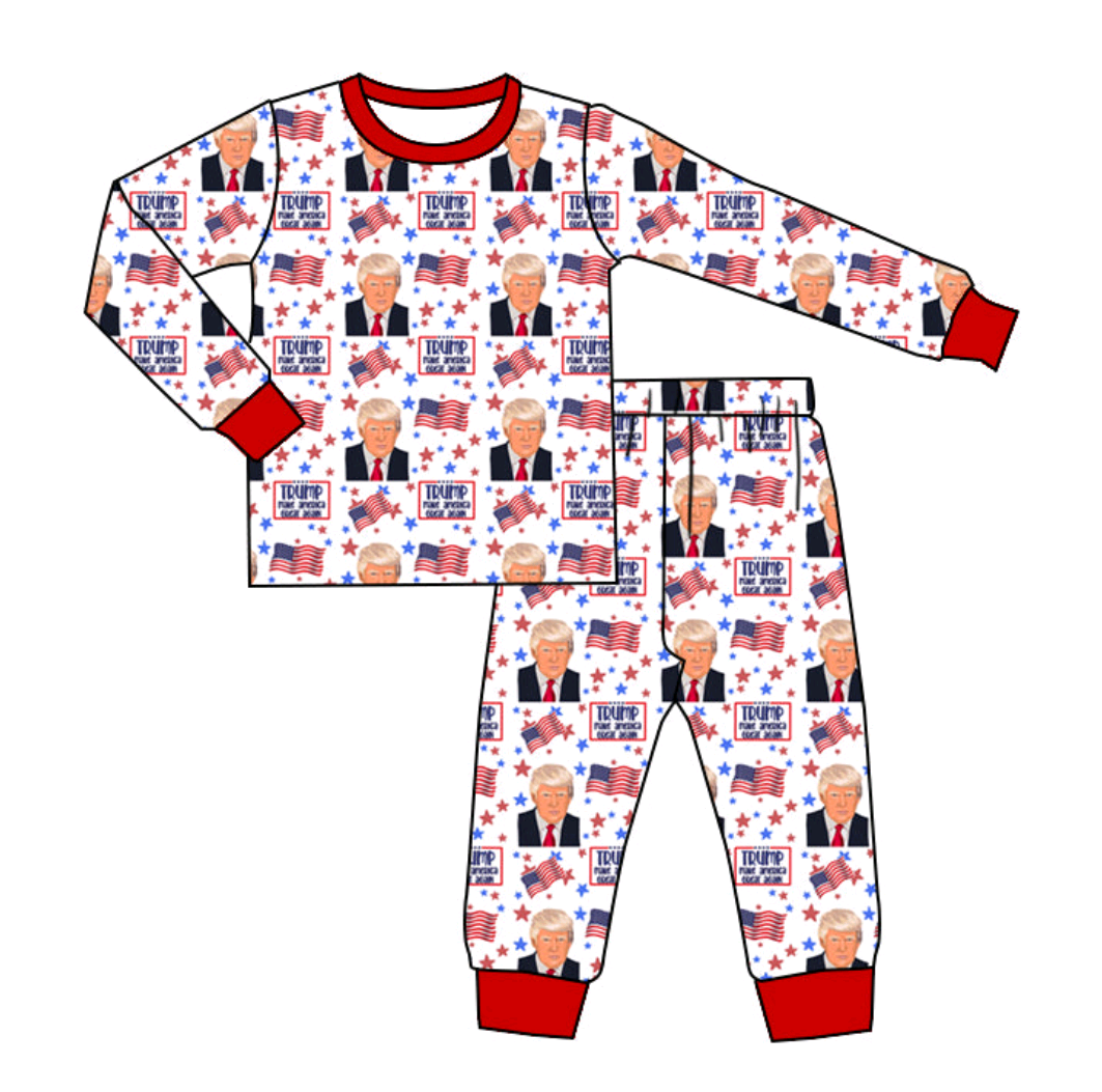 (Custom Design Preorder MOQ 5) Trump Flag Print Boys Pajamas Clothes Set