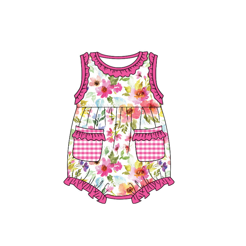 (Custom Design Preorder MOQ 5) Hot Pink Flowers Print Pockets Baby Girls Summer Romper