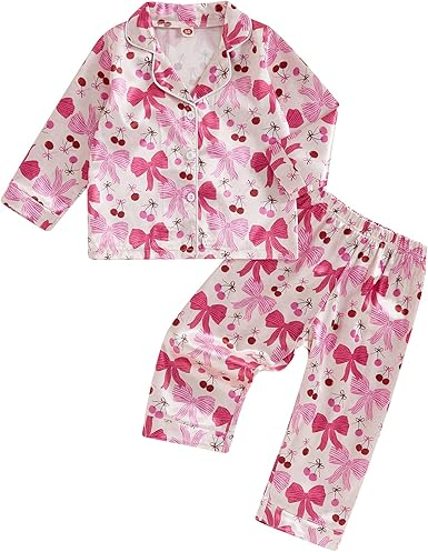 (Custom Design Preorder MOQ 5) Cherry Bows Pink Print Girls Fall Buttons Pajamas Clothes Set