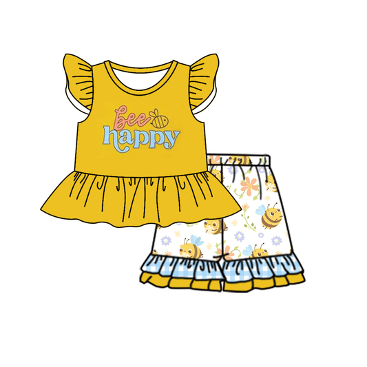 (Custom Design Preorder MOQ 5) Bee Happy Print Top Flowers Ruffle Shorts Girls Summer Clothes Set