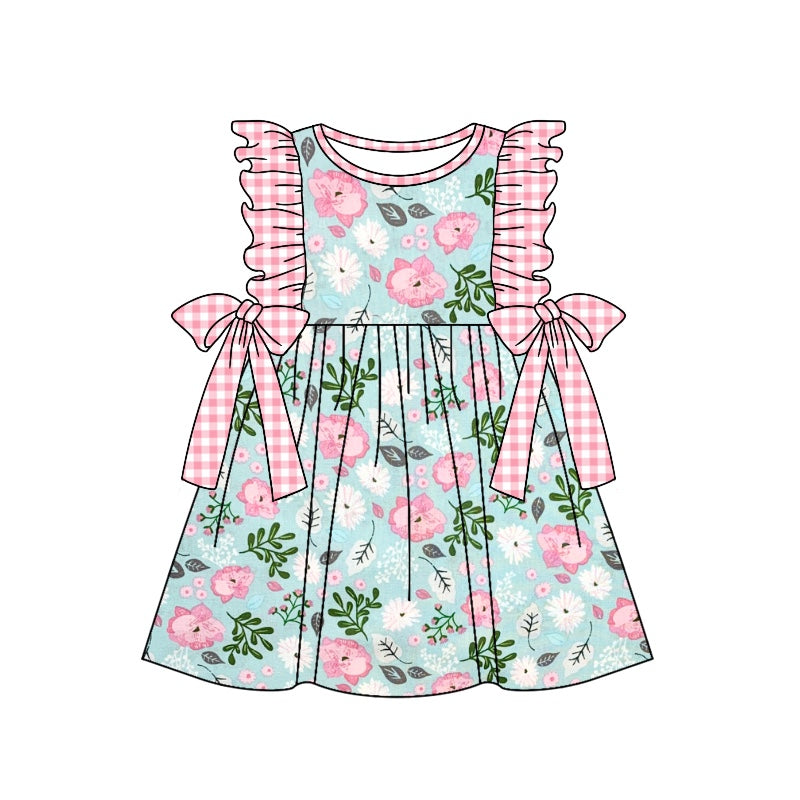 (Custom Design Preorder MOQ 5) Pink Flowers Print Girls Knee Length Summer Dress