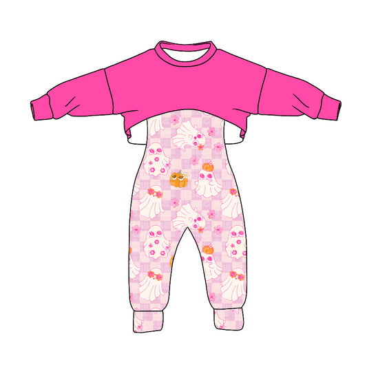 (Custom Design Preorder MOQ 5) Cute Ghost Pumpkin Hotpink Print Jumpsuits Girls Halloween Clothes Set