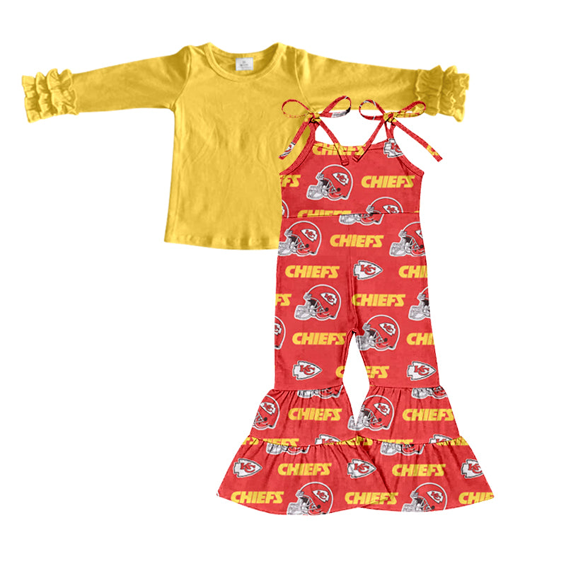 (Custom Design Preorder MOQ 5) Yellow Top Team's KC Red Jumpsuit Girls Fall Clothes Set