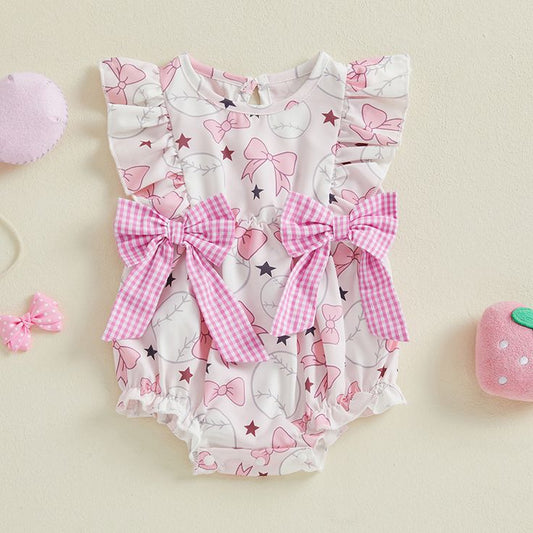 (Custom Design Preorder MOQ 5) Baseball Bows Print Baby Girls Summer Romper