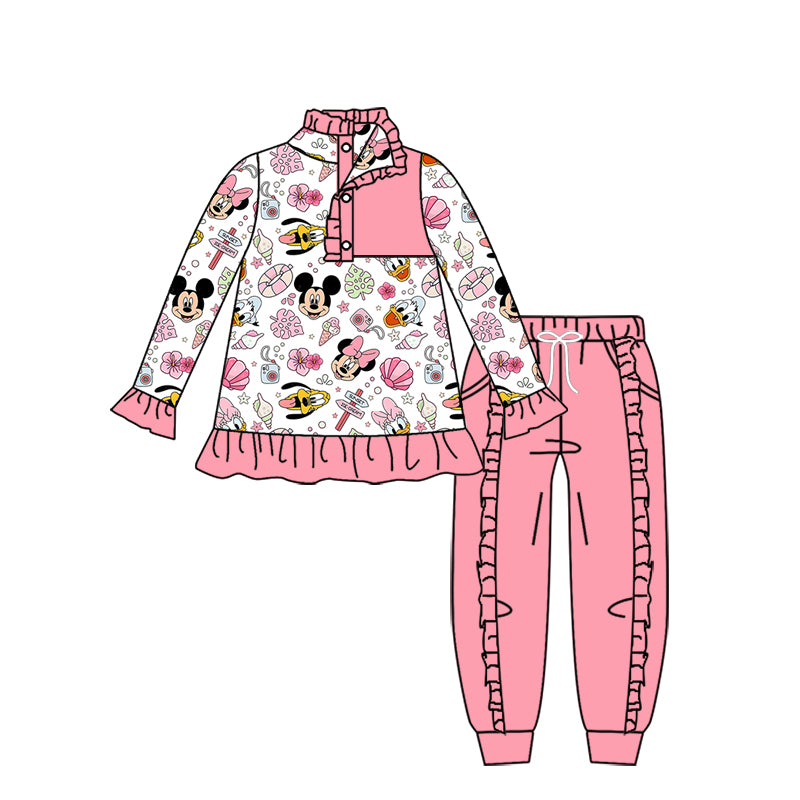 11.16(Custom Design Preorder MOQ 5) Cartoon Mouse Animals Pullover Top Pink Pants Girls Fall Clothes Set
