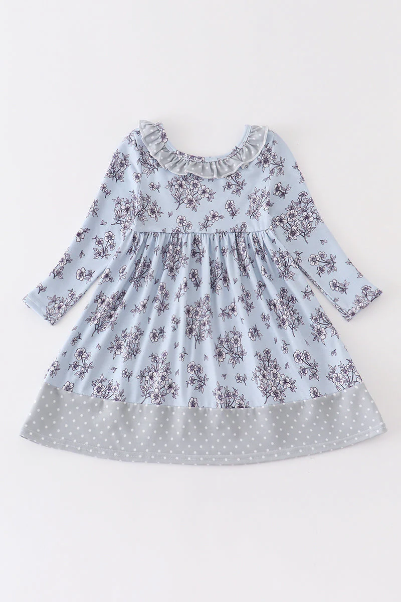 (Custom Design Preorder MOQ 5) Grey Flowers Print Girls Knee Length Fall Dress