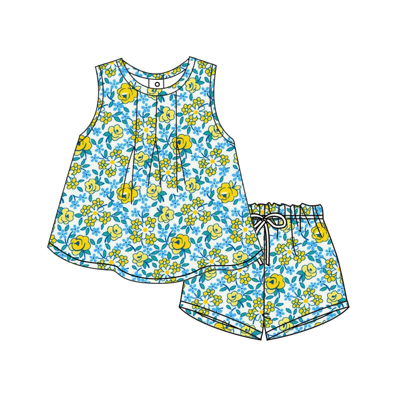 12.9(Custom Design Preorder MOQ 5) Yellow Flowers Sleeveless Top Shorts Girls Summer Clothes Set