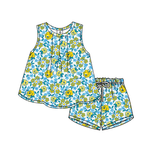 12.9(Custom Design Preorder MOQ 5) Yellow Flowers Sleeveless Top Shorts Girls Summer Clothes Set