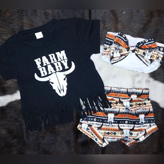 (Custom Design Preorder MOQ 5) Farm Baby Tassels Top Cow Skull Shorts Baby Girls Western Bummie Set