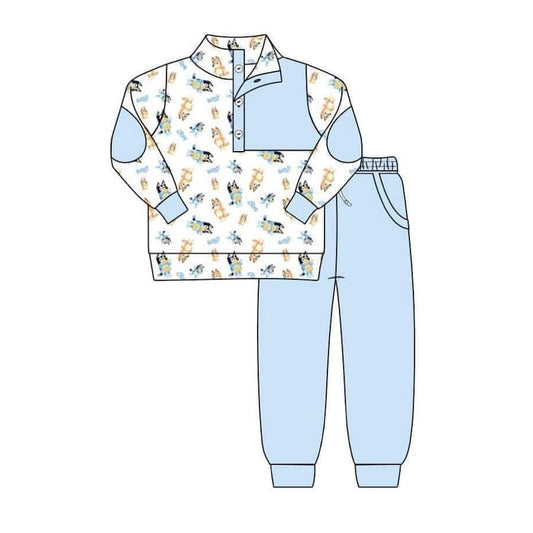 (Custom Design Preorder MOQ 5) Cartoon Dog Pullover Top Aqua Pants Boys Fall Clothes Set