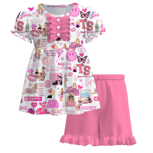 (Custom Design Preorder MOQ 5)  Pink Singer Swiftie Tunic Top Pink Shorts Girls Summer Clothes Set