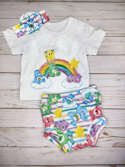 (Custom Design MOQ 5)  Cute Bear Rainbow Print Baby Girls Summer 3 Pieces Bummie Sets