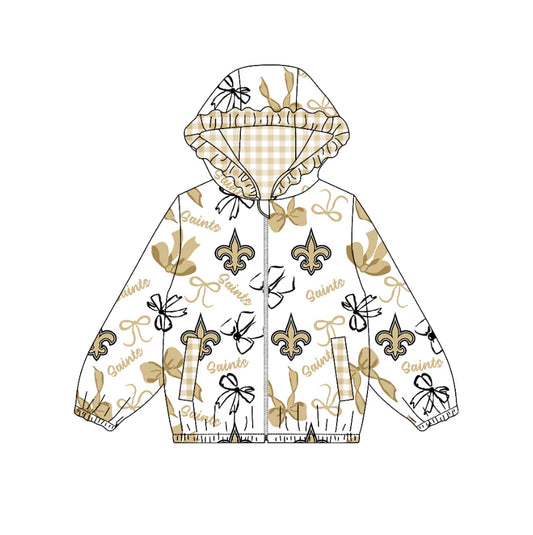 (Custom Design Preorder MOQ 5) Team's SAINTS Bows Print Pockets Girls Long Sleeve Zipper Jackets Top
