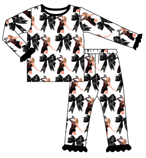 (Custom Design Preorder MOQ 5) Singer Swiftie Bows Print Girls Fall Pajamas Clothes Set