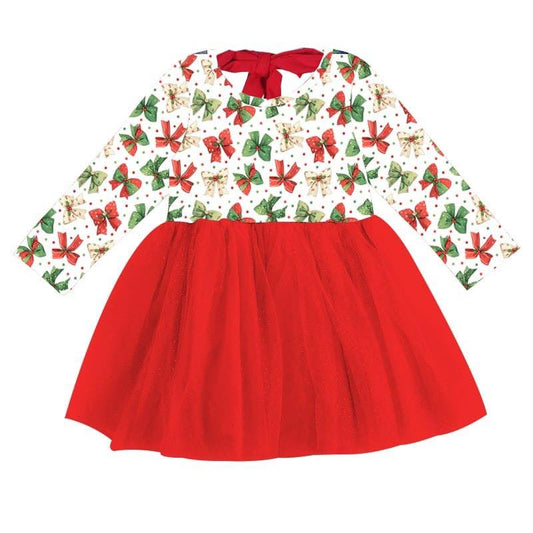 (Custom Design Preorder MOQ 5)  Bows Print Girls Christmas Knee Length Tulle Dress