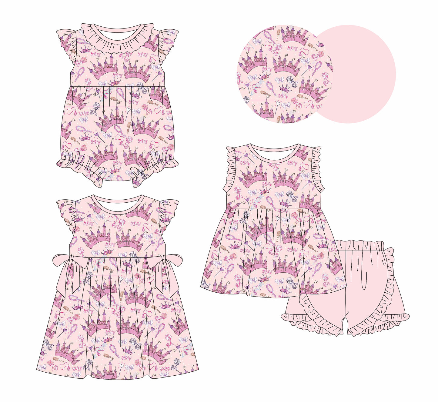 1.4(Custom Design Preorder MOQ 5 Each Design) Castle Pink Print Girls Summer Matching Clothes Sisters Wear