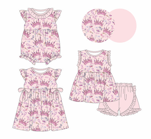 1.4(Custom Design Preorder MOQ 5 Each Design) Castle Pink Print Girls Summer Matching Clothes Sisters Wear