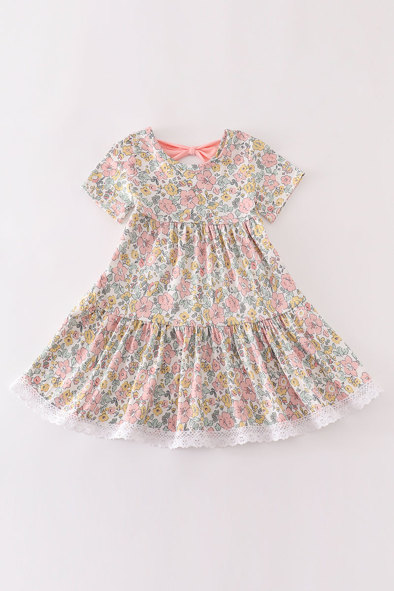 (Custom Design Preorder MOQ 5) Pink Yellow Flowers Print Girls Spring Knee Length Ruffle Dress