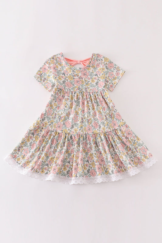 (Custom Design Preorder MOQ 5) Pink Yellow Flowers Print Girls Spring Knee Length Ruffle Dress