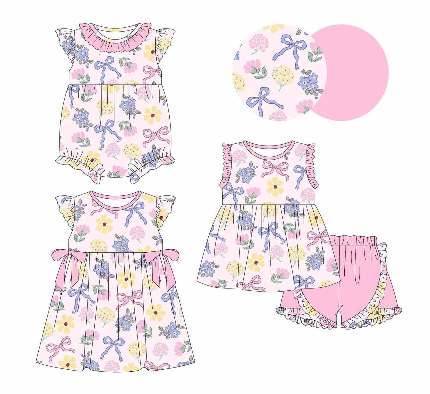 3.10(Custom Design Preorder MOQ 5 Each Design) Colorful Flowers Bows Print Girls Summer Matching Clothes Sisters Wear