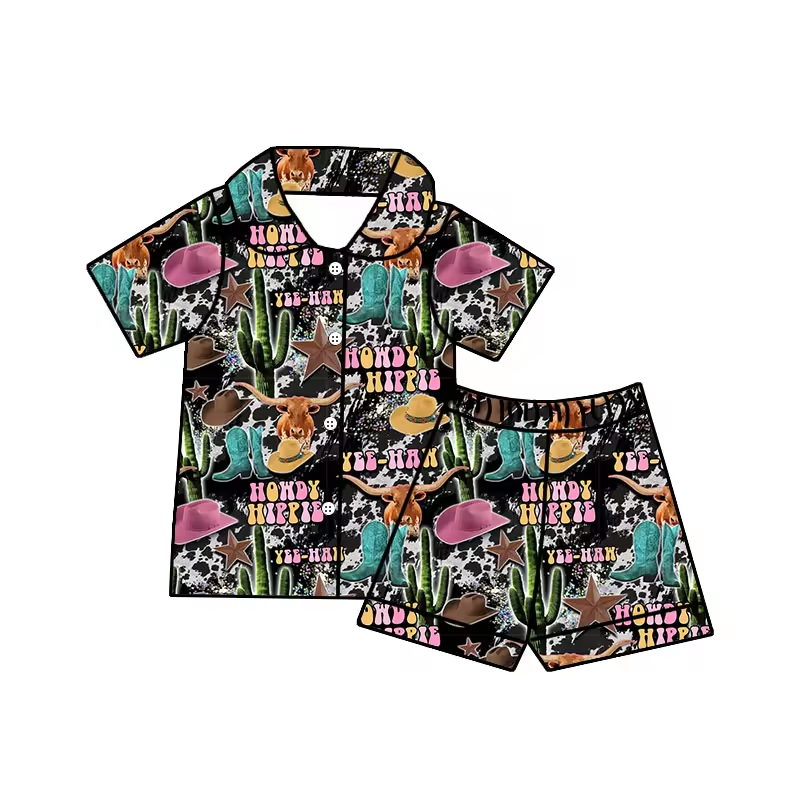 (Custom Design Preorder MOQ 5)  Howdy Cow Cactus Print Girls Summer Pajamas Western Clothes Set