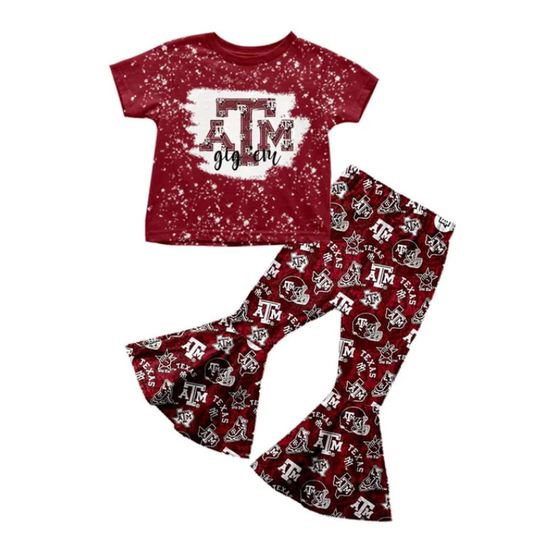 (Custom Design MOQ 5)Wine Football Team's Bell Pants Girls Clothes Set