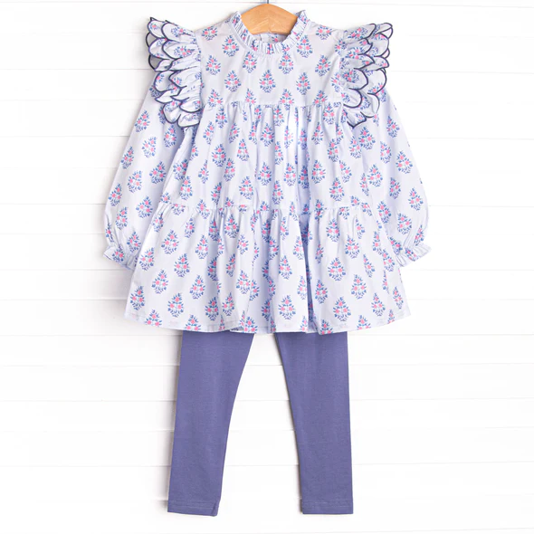 (Custom Design Preorder MOQ 5)  Small Flowers Tunic Top Purple Pants Girls Clothes Set