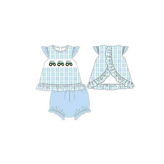 (Custom Design Preorder MOQ 5) Tractors Print Baby Girls Summer Bummie Set