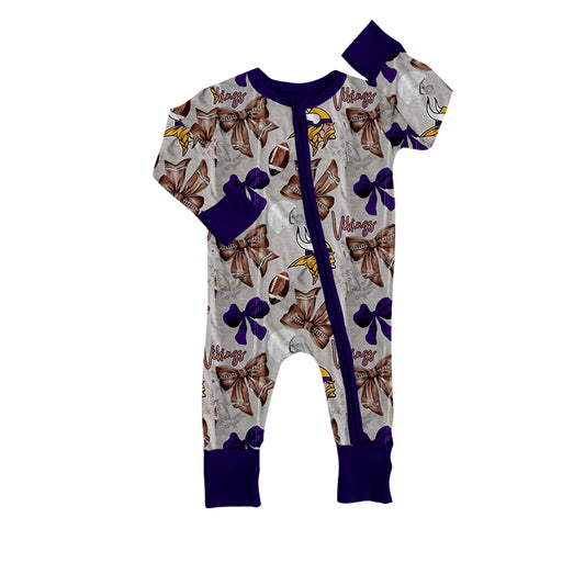 (Custom Design Preorder MOQ 5) Team's Vikings Bows Print Baby Girls Fall Bamboo Sleeper Zipper Romper