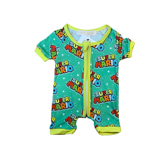(Custom Design Preorder MOQ 5) Cartoon Games Mari* Print Baby Summer Sleeper Zipper Romper