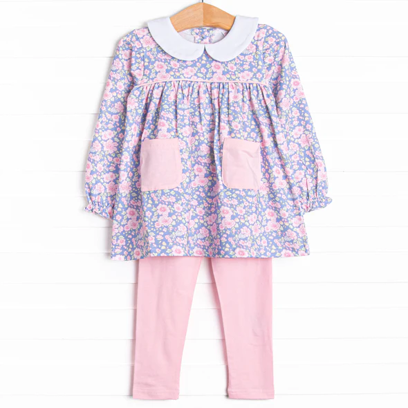 (Custom Design Preorder MOQ 5) Flowers Tunic Top Pink Pants Girls Fall Clothes Set