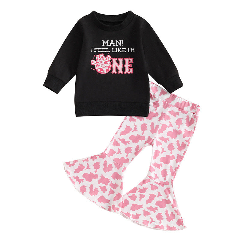 (Custom Design Preorder MOQ 5) Cowgirl Black Top Pink Bell Pants Girls Fall Clothes Set