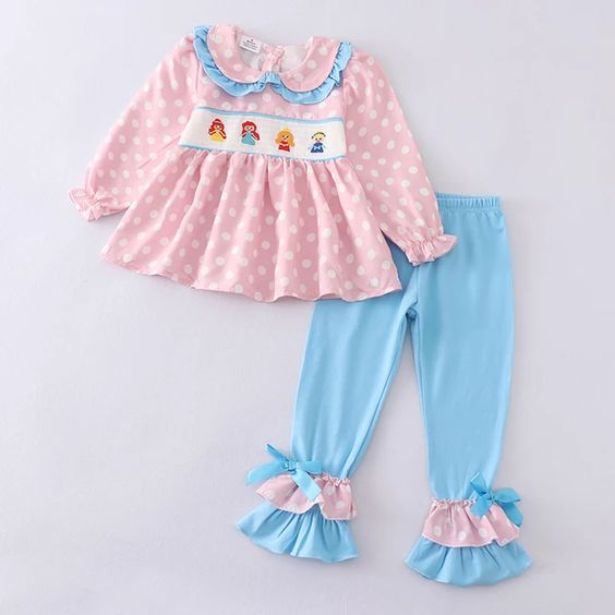 (Custom Design Preorder MOQ 5)  Pink Dots Cartoon Princess Print Girls Clothes Set