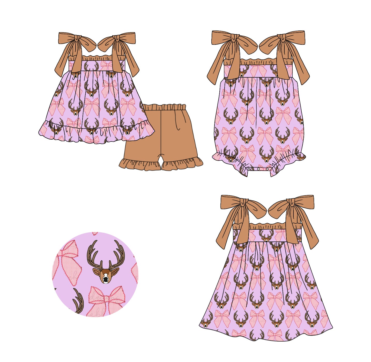 11.20(Custom Design Preorder MOQ 5 Each Design) Deer Bows Print Girls Summer Matching Clothes Sisters Wear