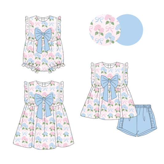 3.29(Custom Design Preorder MOQ 5 Each Design) Pink Blue Flowers Bows Print Girls Summer Matching Clothes Sisters Wear