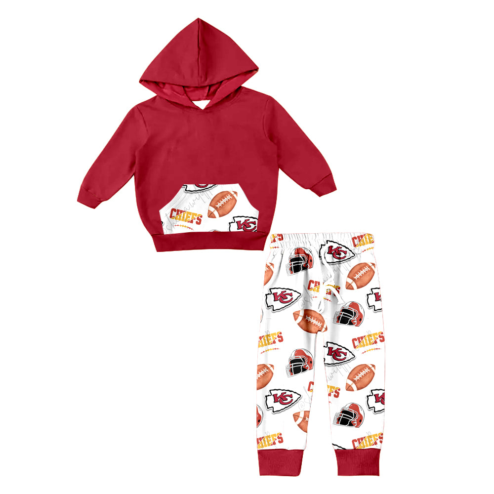 (Custom Design Preorder MOQ 5) Red Hoodie Pockets Top Team's KC White Pants Kids Fall Clothes Set