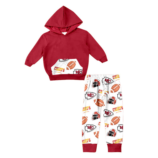 (Custom Design Preorder MOQ 5) Red Hoodie Pockets Top Team's KC White Pants Kids Fall Clothes Set