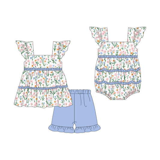 3.7(Custom Design Preorder MOQ 5 Each Design) Small Flowers Print Girls Summer Matching Clothes Sisters Wear
