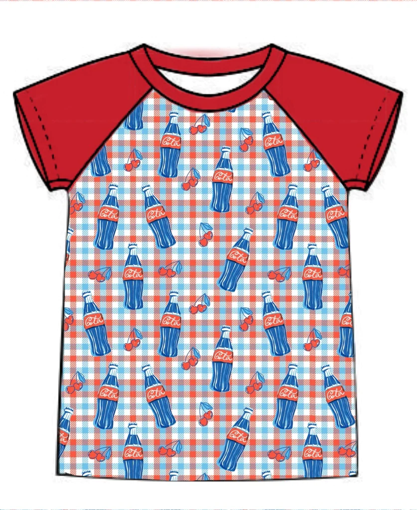 (Custom Design Preorder MOQ 5)  Cherry Plaid Print Boys 4th of July Tee Shirts Top