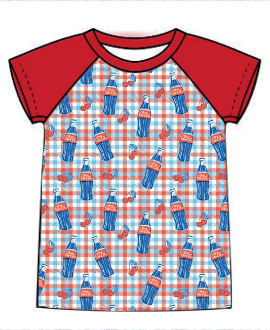 (Custom Design Preorder MOQ 5)  Cherry Plaid Print Boys 4th of July Tee Shirts Top