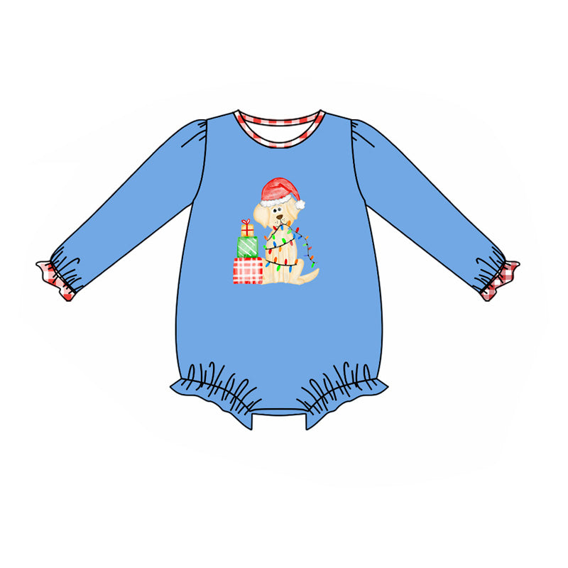 (Custom Design Preorder MOQ 5) Dog Gift Lights Blue Print Baby Girls Christmas Romper