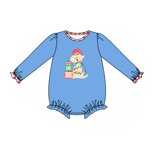 (Custom Design Preorder MOQ 5) Dog Gift Lights Blue Print Baby Girls Christmas Romper