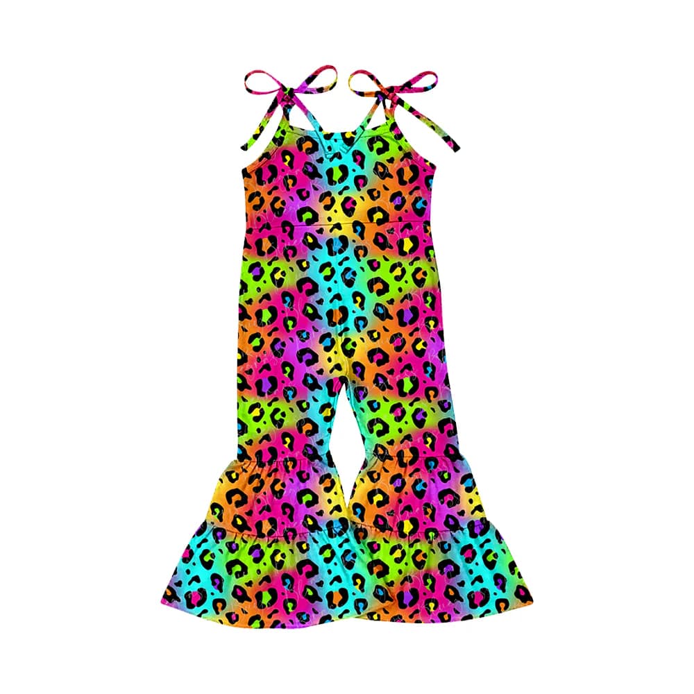 (Custom Design Preorder MOQ 5) Colorful Leopard Print Girls Summer Strap Jumpsuits