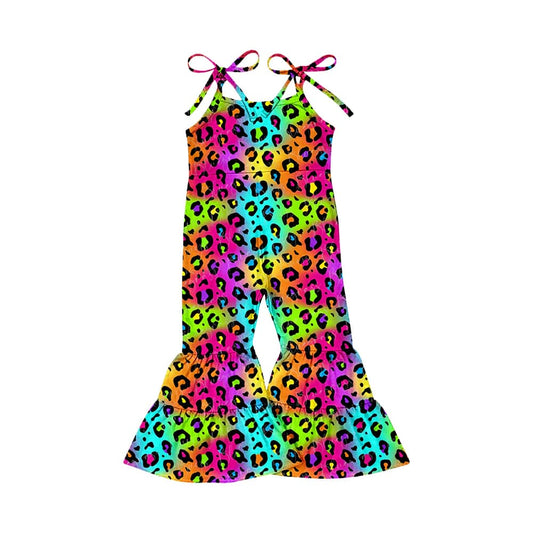 (Custom Design Preorder MOQ 5) Colorful Leopard Print Girls Summer Strap Jumpsuits